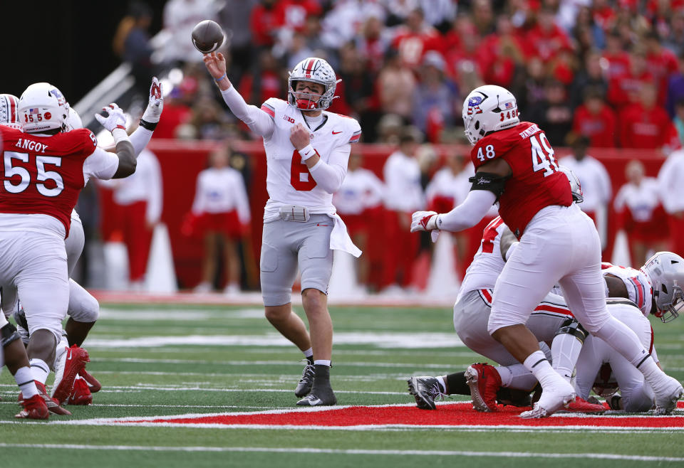 Ohio State quarterback Kyle McCord (6) throws a pass against Rutgers during the first half of a NCAA college football game, Saturday, Nov. 4, 2023, in Piscataway, N.J. (AP Photo/Noah K. Murray)