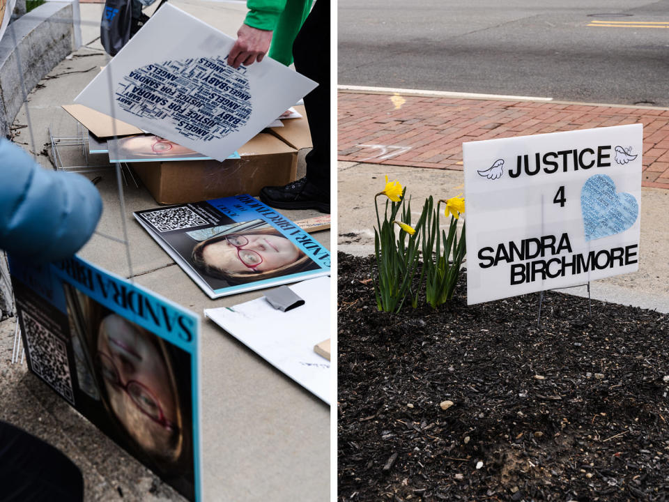 People set up signs during an April 7 protest near Stoughton Town Hall calling for further investigation into Sandra Birchmore’s death. (Sophie Park for NBC News and The Marshall Project)