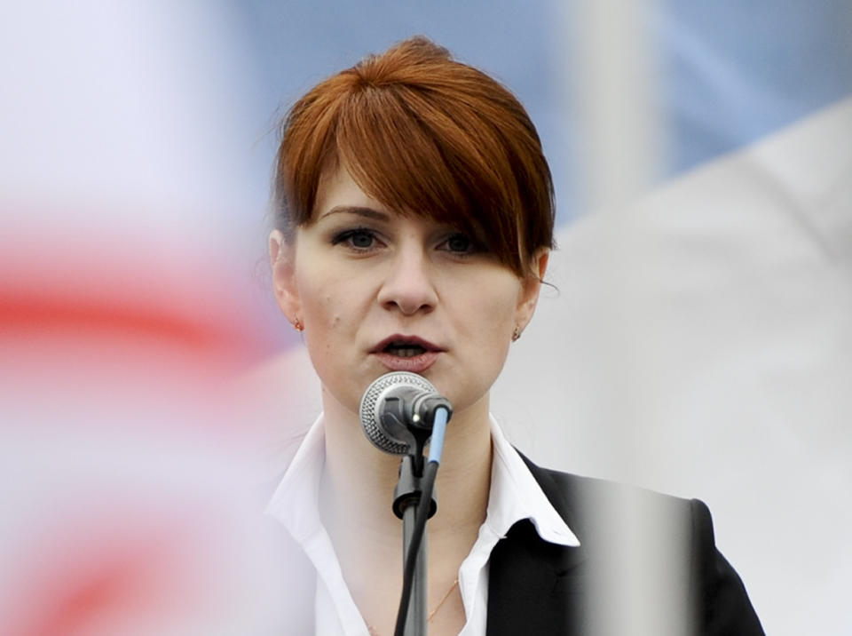 Maria Butina, leader of a pro-gun organization in Russia, speaks to a crowd on April 21, 2013, during a rally in support of legalizing the possession of handguns in Moscow, Russia. (AP Photo/File) (Photo: ASSOCIATED PRESS)