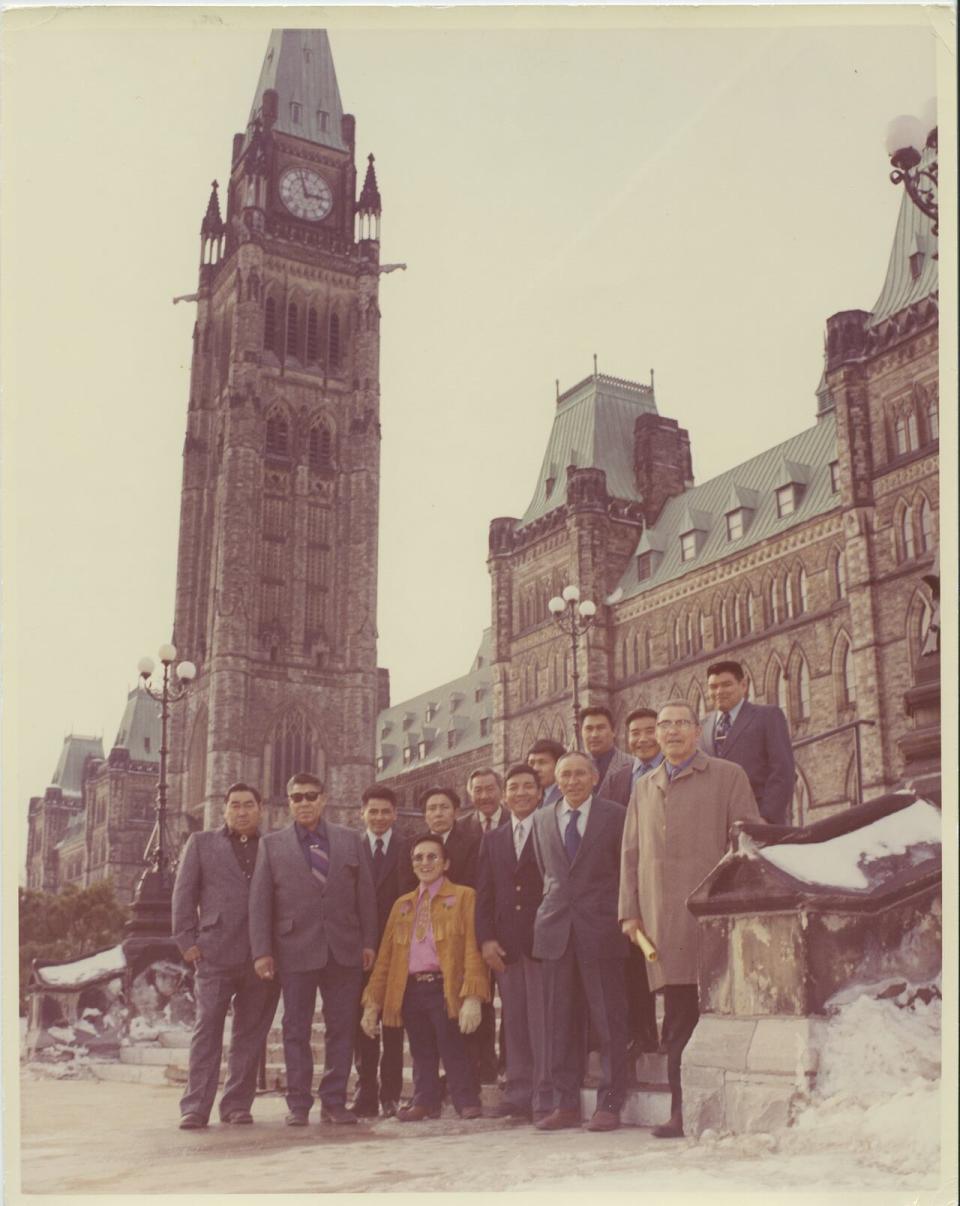 A delegation of Indigenous chiefs from Yukon outside the Parliament buildings in Ottawa, Feb. 14, 1973.