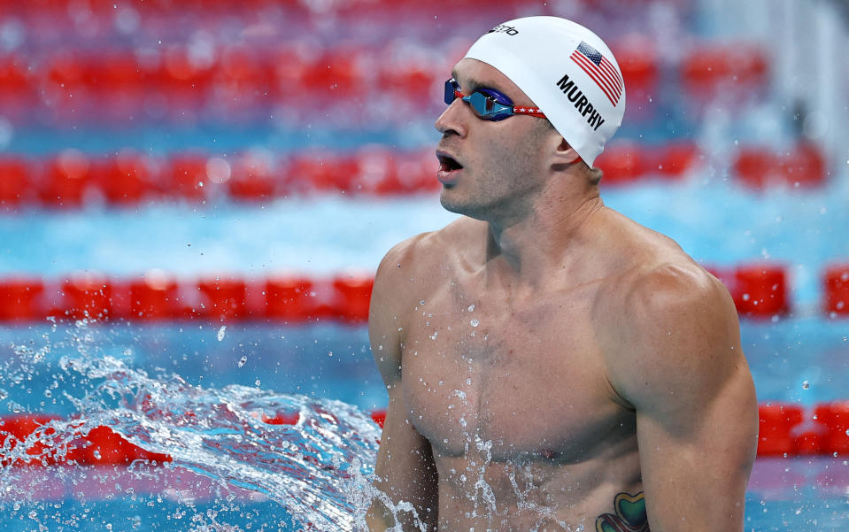 Paris 2024 Olympics - Swimming - Men's 100m Backstroke - Heats - Paris La Defense Arena, Nanterre, France - July 28, 2024. Ryan Murphy of United States reacts after the race. REUTERS/Ueslei Marcelino