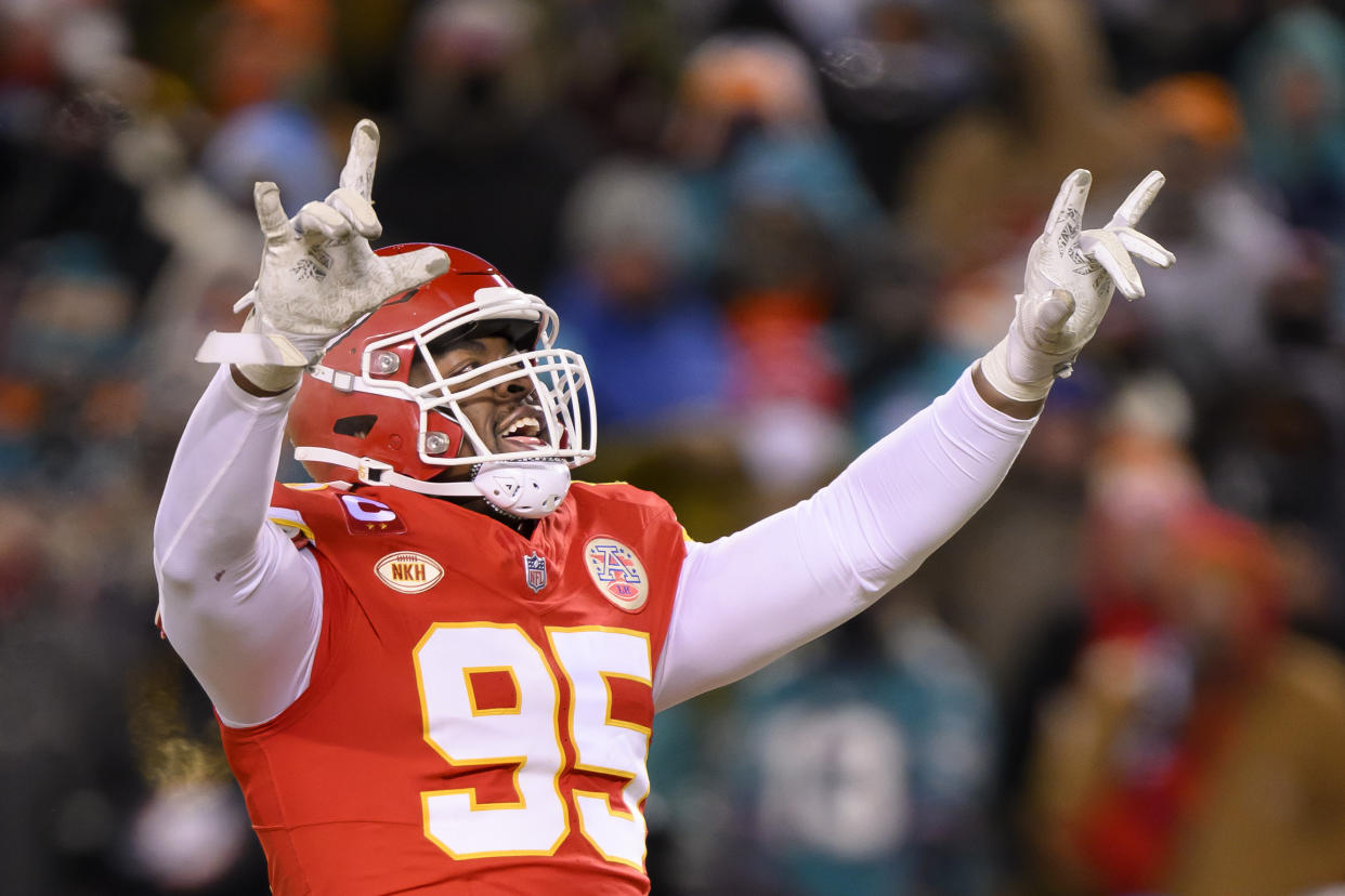 Kansas City Chiefs defensive tackle Chris Jones celebrates a sack against the Miami Dolphins during the second half of an NFL wild-card playoff football game, Saturday, Jan. 13, 2024 in Kansas City, Mo. (AP Photo/Reed Hoffmann)