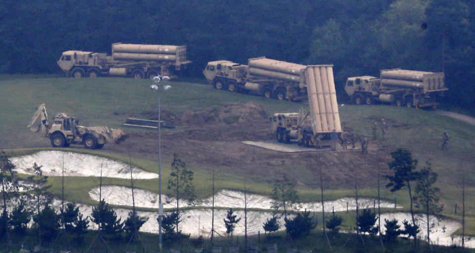 FILE - U.S. missile defense system called Terminal High-Altitude Area Defense system, or THAAD, are seen at a golf course in Seongju, South Korea on Sept. 7, 2017. South Korean conservative Yoon Suk Yeol has vowed the resumption of major U.S.-South Korean military exercises, which were suspended or significantly downsized in recent years to make room for diplomacy with North Korea. (Kim Jun-beom/Yonhap via AP, File)