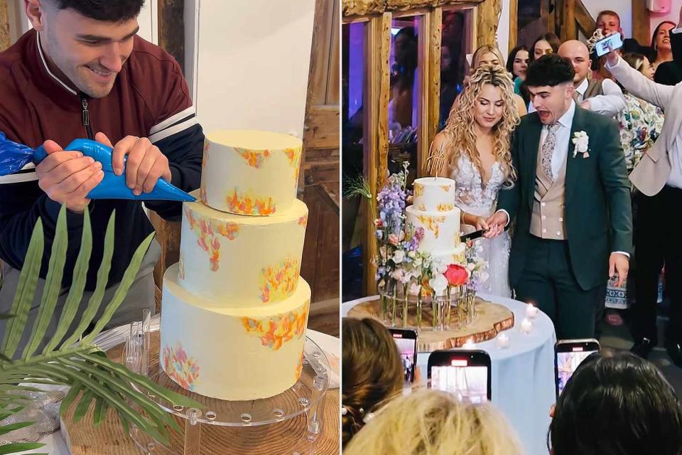 <p>Matty Edgell/Instagram (2)</p> Matty Edgell (left); Lara Lucienne and Matty Edgell cut wedding cake