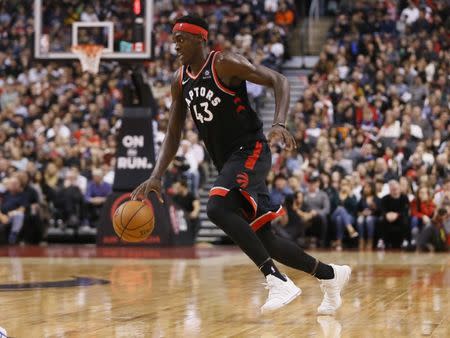 Nov 10, 2018; Toronto, Ontario, CAN; Toronto Raptors forward Pascal Siakam (43) drives to the net against the New York Knicks at Scotiabank Arena. Toronto defeated New York. John E. Sokolowski-USA TODAY Sports