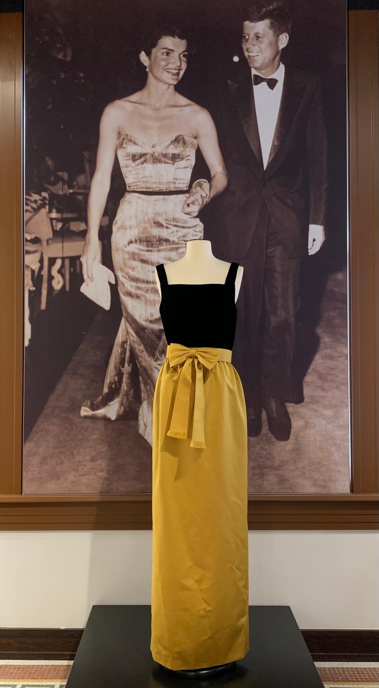 The Kennedys brought Camelot to Palm Beach. In the Bert Morgan photo on display, Jacqueline and John F. Kennedy are out on the town, probably in the late 1950s. The yellow-and-black gown is a reproduction of a Chez Ninon dress the first lady wore to a state dinner in 1961.