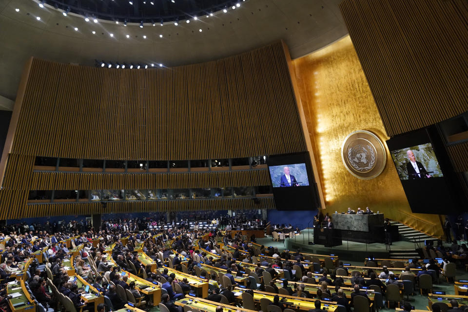 President Joe Biden addresses the 77th session of the United Nations General Assembly on Wednesday, Sept. 21, 2022, at the U.N. headquarters. (AP Photo/Evan Vucci)