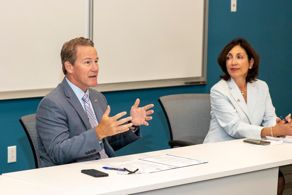 Lt. Gov. Jon Husted and Stark State College President Para Jones during a roundtable discussion on workforce development Thursday morning at the Advanced Technology Center. (Photo courtesy Stark State)
