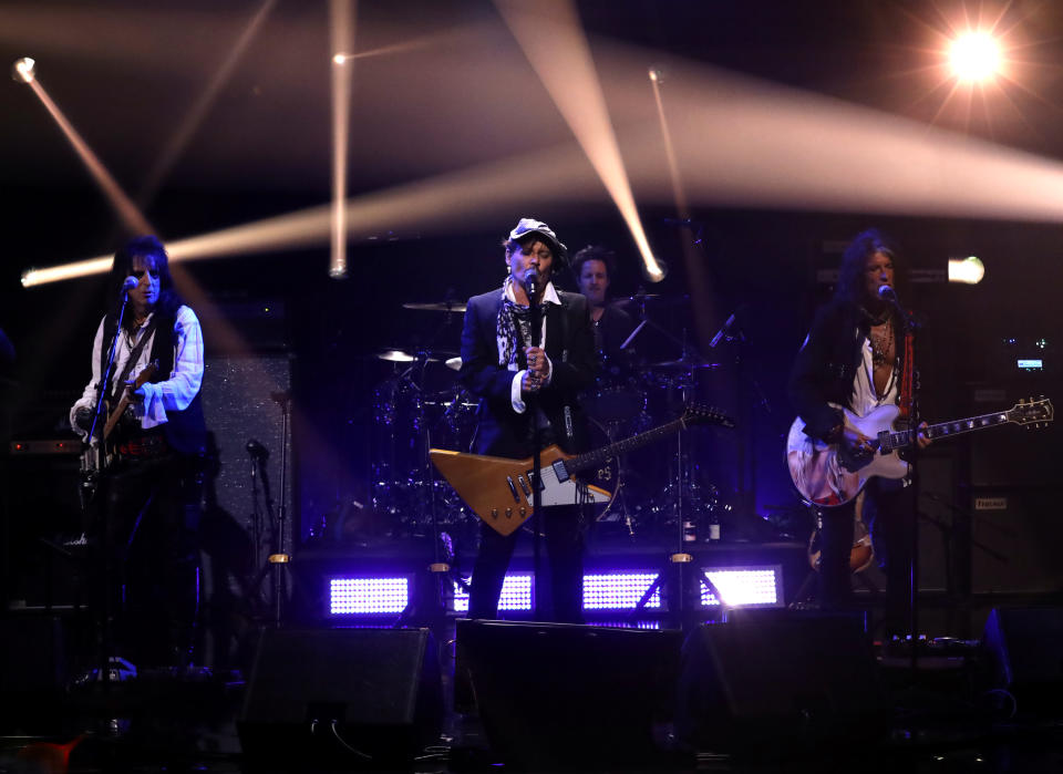 LOS ANGELES - JULY 30: Alice Cooper, Johnny Depp and Joe Perry of Hollywood Vampires perform on THE LATE LATE SHOW WITH JAMES CORDEN, scheduled to air Tuesday, July 30 2019 (12:37-1:37 AM, ET/PT) on the CBS Television Network. (Photo by Ella DeGea/CBS via Getty Images) 