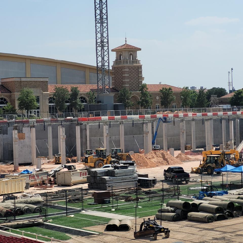 The construction project at the south end of Jones AT&T Stadium is shown earlier this summer. Because of the project, the stadium capacity will be reduced to 56,200 for Texas Tech football games this season, a Tech official said.