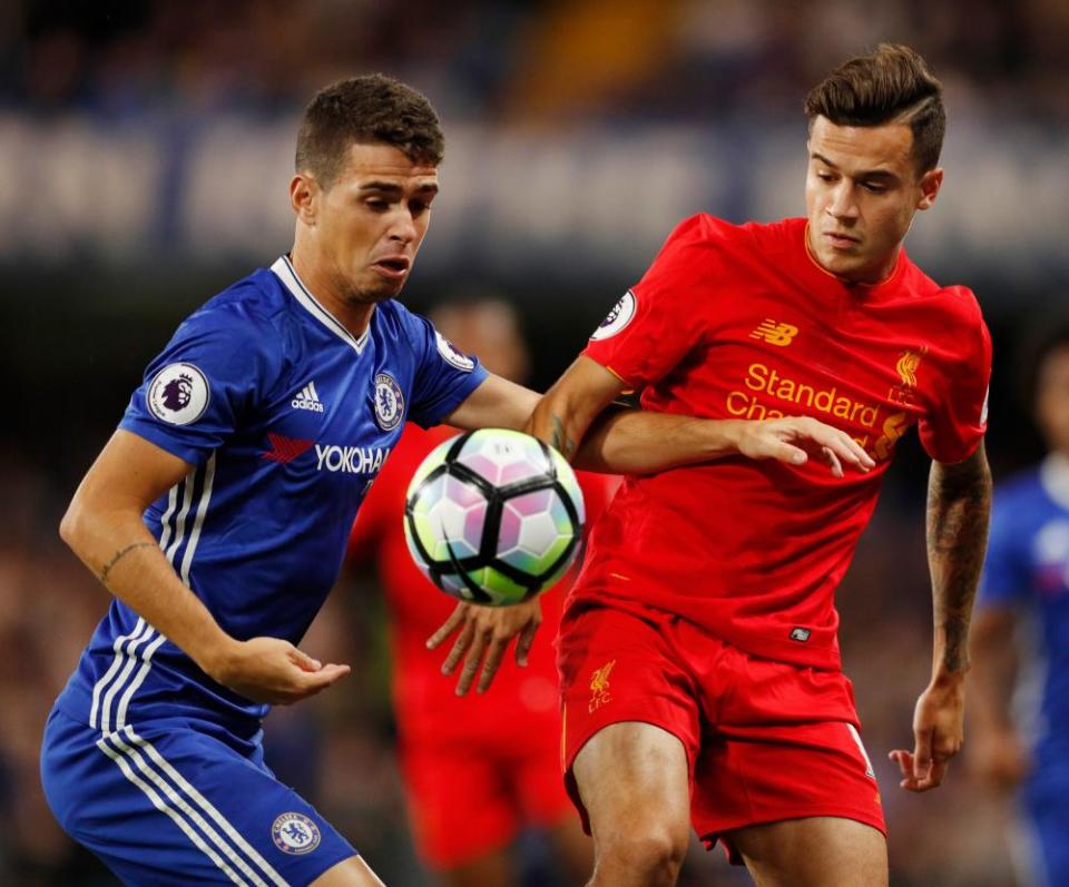 Oscar (left) and Philippe Coutinho in action for Chelsea and Liverpool respectively in 2016.