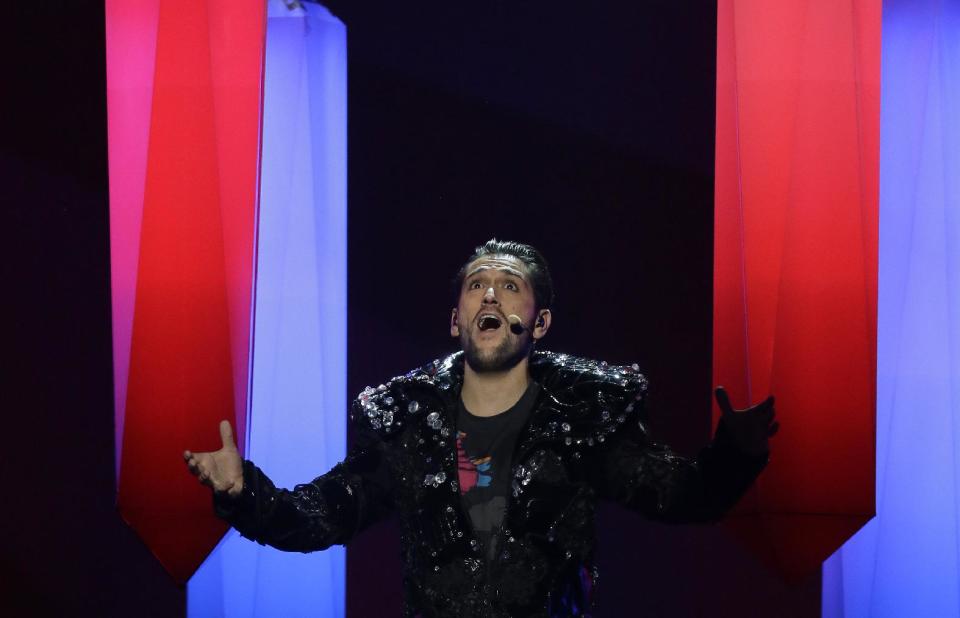 Cezar of Romania performs the song "It's My Life" during a rehearsal for the final of the Eurovision Song Contest at the Malmo Arena in Malmo, Sweden, Friday, May 17, 2013. The contest is run by European television broadcasters with the event being held in Sweden as they won the competition in 2012, the final will be held in Malmo on May 18. (AP Photo/Alastair Grant)