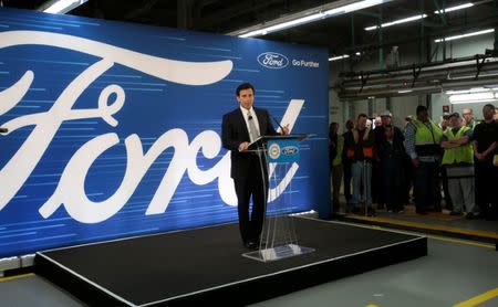 Ford Motor Co. president and CEO Mark Fields makes a major announcement during a news conference at the Flat Rock Assembly Plant in Flat Rock, Michigan, U.S. January 3, 2017. REUTERS/Rebecca Cook