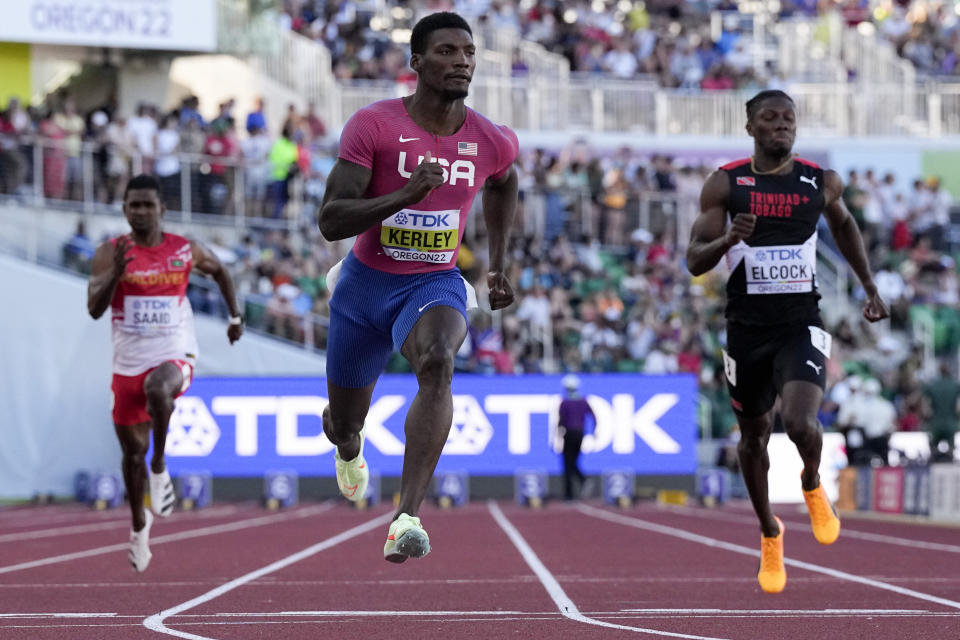 Fred Kerley, of the United States, wins a heat in the men's 100-meter run at the World Athletics Championships Friday, July 15, 2022, in Eugene, Ore. (AP Photo/Ashley Landis)