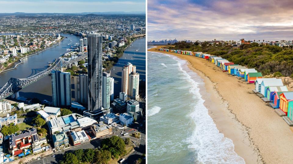 Brisbane aerial shot on the left and Melbourne's Brighton beach on the right.