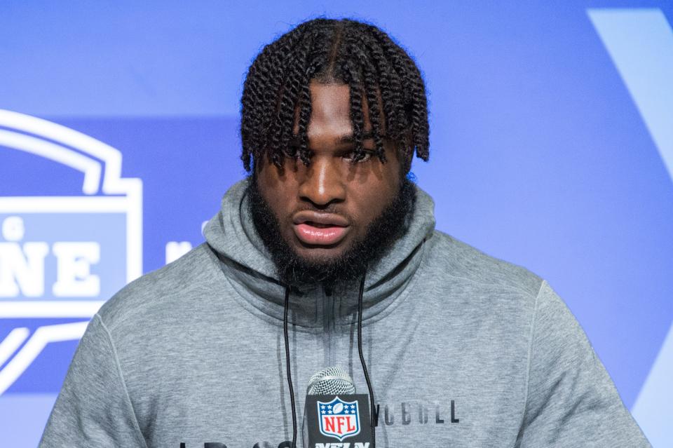 Mar 1, 2023; Indianapolis, IN, USA; Alabama linebacker Will Anderson (LB02) speaks to the press at the NFL Combine at Lucas Oil Stadium. Mandatory Credit: Trevor Ruszkowski-USA TODAY Sports