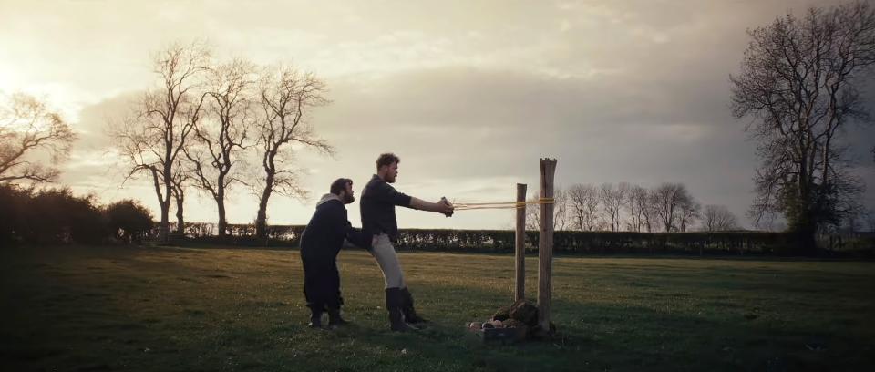 James Martin and Seamus O'Hara use a slingshot