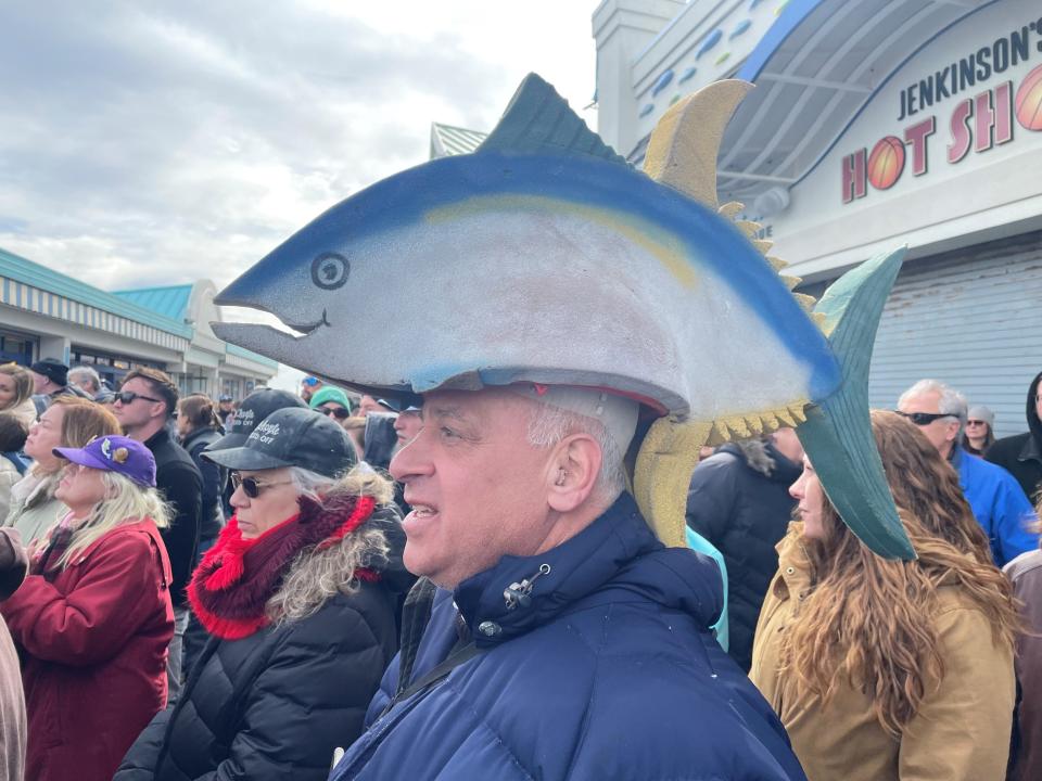 Alex Condos of Seaside Park wears a fish hat to a "Save the Whales" rally on Feb. 19, 2023.