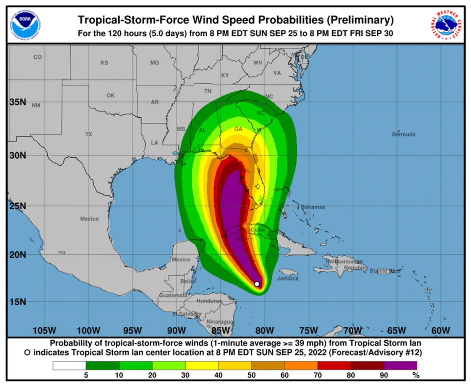 Wind field for Tropical Storm Ian as of 11 p.m. Sunday National Hurricane Center