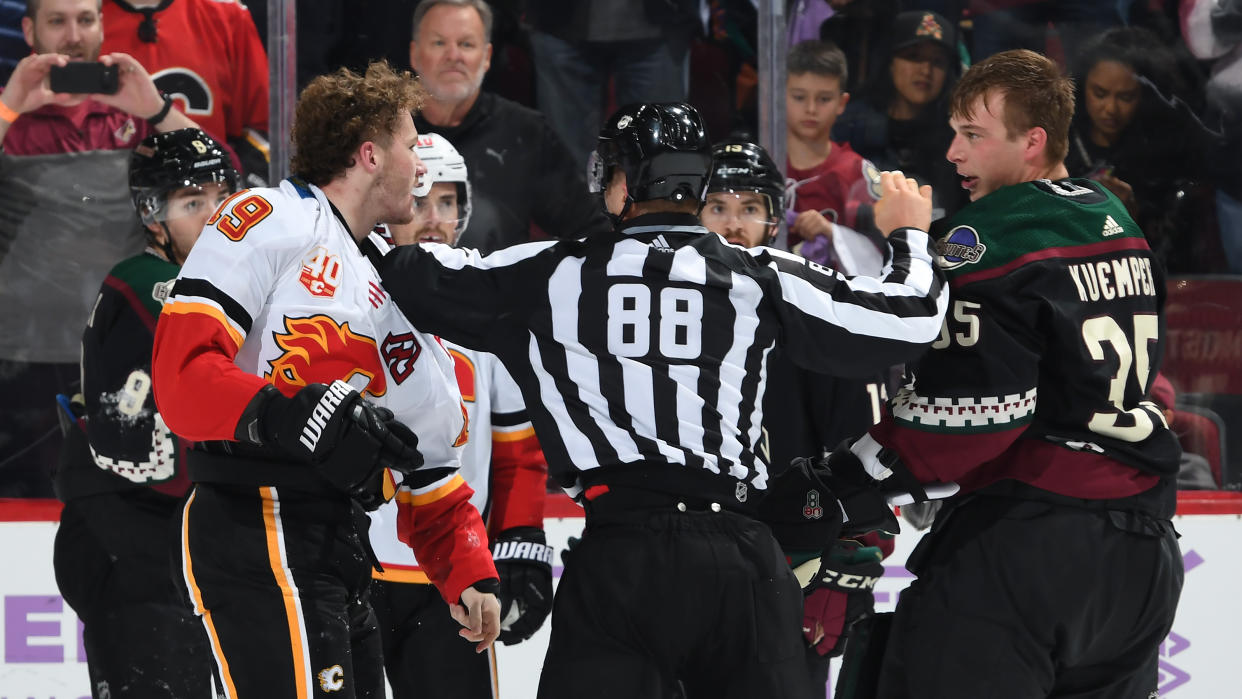 Arizona Coyotes goaltender Darcy Kuemper submitted a game to remember after getting into a fight with Calgary Flames forward Matthew Tkachuk. (Norm Hall/NHLI via Getty Images)