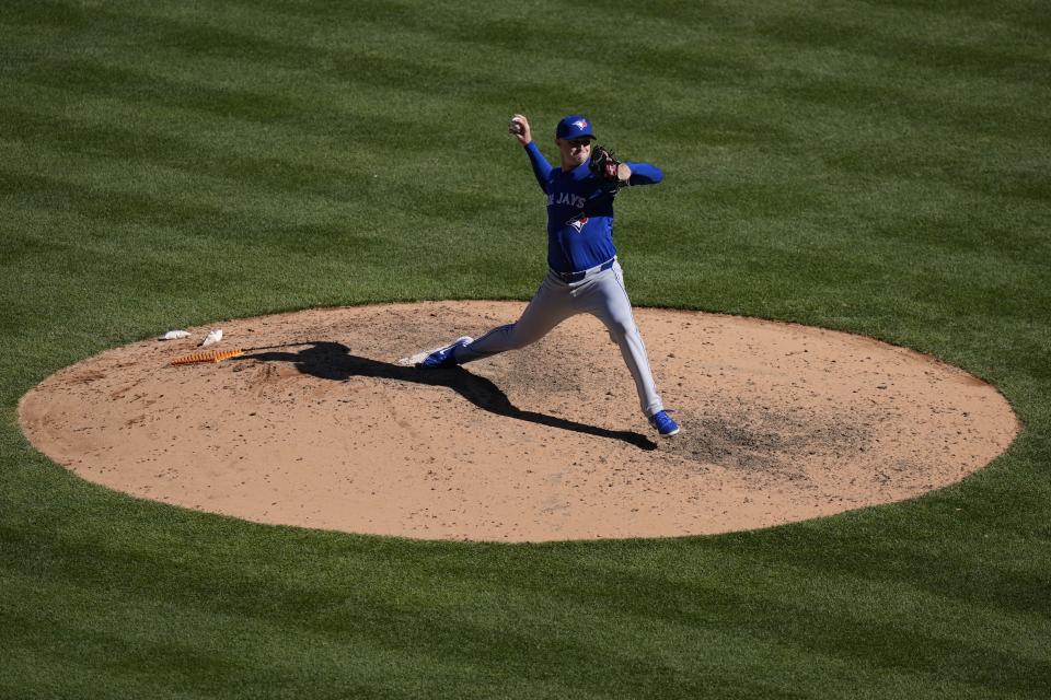 Toronto Blue Jays' Trevor Richards pitches during the sixth inning of a baseball game against the New York Yankees Sunday, April 7, 2024, in New York. (AP Photo/Frank Franklin II)