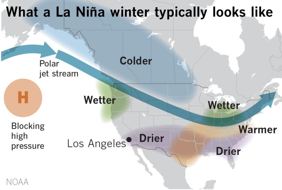 A map showing what a La Niña winter typically means for North America.