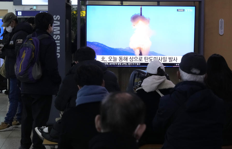 A TV screen shows a file image of North Korea's missile launch during a news program at the Seoul Railway Station in Seoul, South Korea, Sunday, Jan. 14, 2024. North Korea fired a ballistic missile toward the sea on Sunday, its neighbors said, in its first missile launch this year, as the North is expected to further raise regional animosities in an election year for its rivals South Korea and the United States. (AP Photo/Ahn Young-joon)