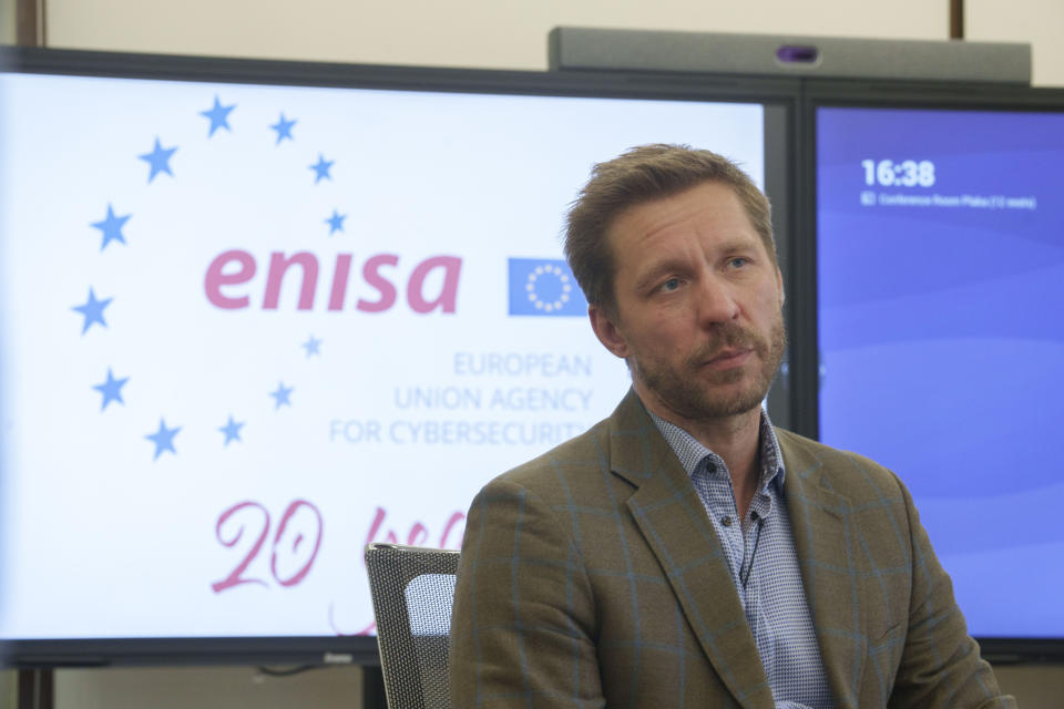 The executive director of the European Union Agency for Cybersecurity, ENISA, Juhan Lepassaar, speaks during an interview with the Associated Press in Athens, Greece, Tuesday, May 28, 2024. Lepassaar said the Athens-based agency had recorded a sharp rise in cybersecurity incidents in 2024. National and multinational cybersecurity agencies have stepped up activities and exercises globally ahead of elections in the European Union, the United States and other countries (AP Photo/Petros Giannakouris)