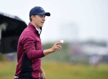 Jul 21, 2017; Southport, ENG; Jordan Spieth reacts to a birdie on the 15th during the second round of The 146th Open Championship golf tournament at Royal Birkdale Golf Club. Mandatory Credit: Thomas J. Russo-USA TODAY Sports