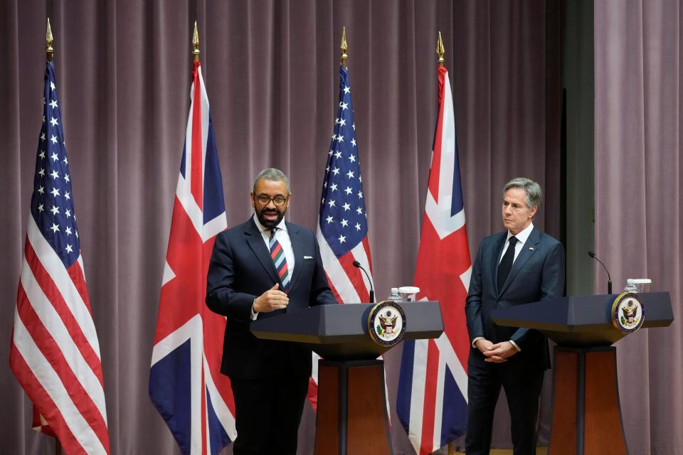 Cleverly speaks alongside US Secretary of State Antony Blinken (AP)