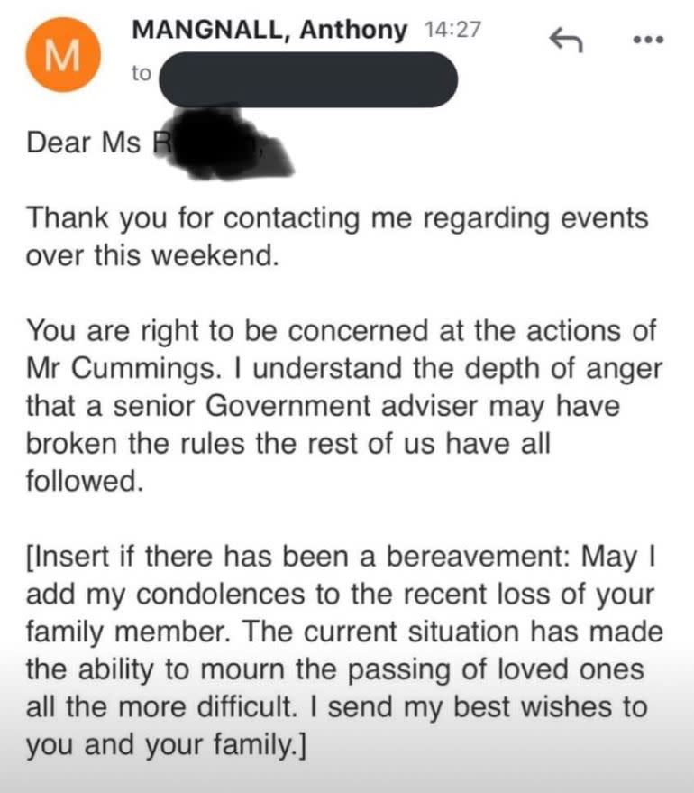 A Twitter user said he receieved this email from Tory MP Anthony Mangnall (Picture: Twitter)