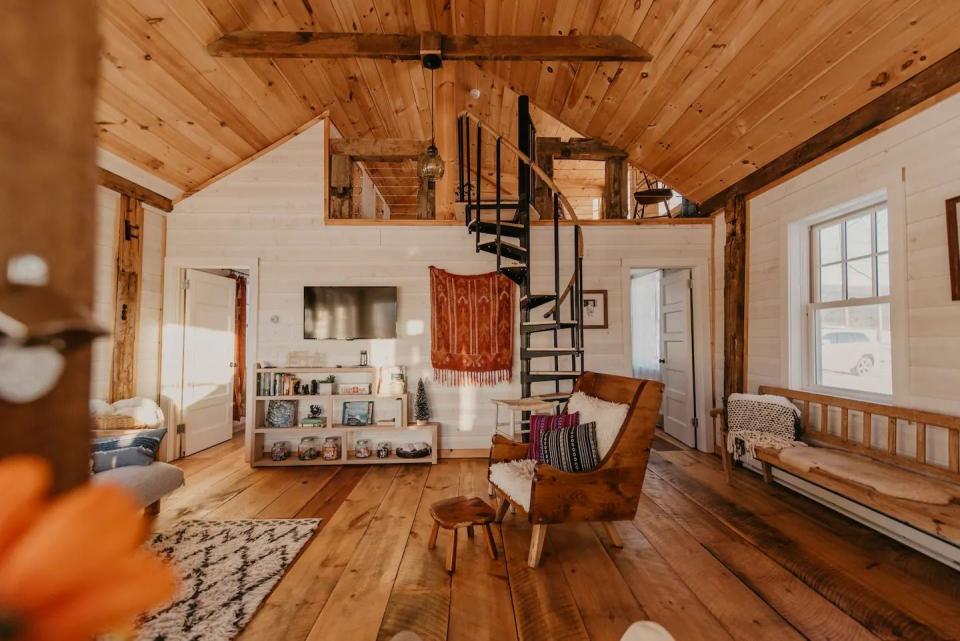 living room of converted schoolhouse airbnb in vermont