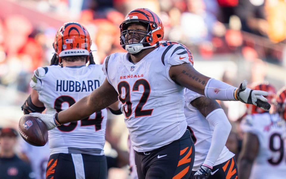 October 29, 2023; Santa Clara, California, USA; Cincinnati Bengals defensive tackle BJ Hill (92) celebrates after recovering a fumble by the San Francisco 49ers during the fourth quarter at Levi’s Stadium. Mandatory Credit: Kyle Terada-USA TODAY Sports