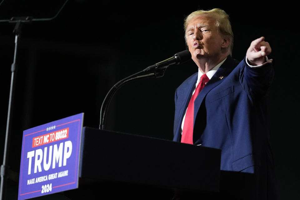Republican presidential candidate former President Donald Trump speaks at a campaign rally Saturday, March 2, 2024, in Greensboro, N.C. (AP Photo/Chris Carlson)