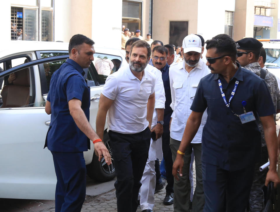 India's opposition Congress party leader Rahul Gandhi arrives at a court in Surat, India, Thursday, March 23, 2023. The court found Gandhi guilty of defamation over his remarks about Prime Minister Narendra Modi’s surname and sentenced him to two years in prison. He won’t go to jail immediately as the court granted bail for 30 days to file an appeal against the verdict. (AP Photo)