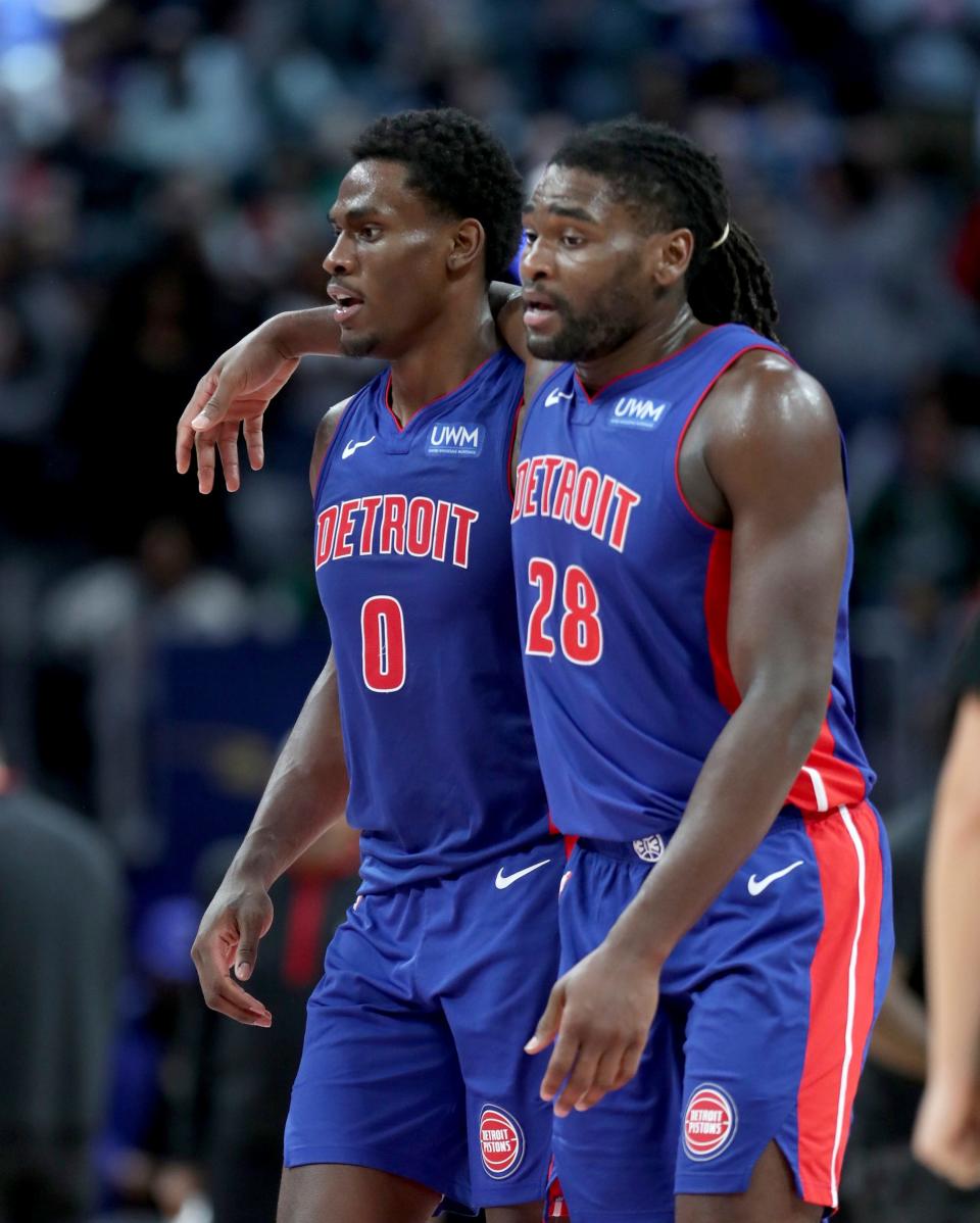 Detroit Pistons centers Jalen Duren (0) and Isaiah Stewart (28) walk off the court during action against the Chicago Bulls at Little Caesars Arena in Detroit on Saturday, Oct. 28, 2023.
