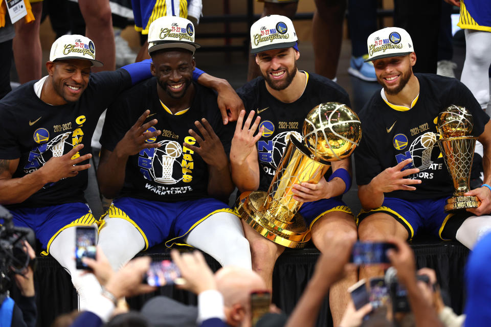 Golden State Warriors mainstays Andre Iguodala, Draymond Green, Klay Thompson and Stephen Curry won their fourth NBA championship together. (Adam Glanzman/Getty Images)