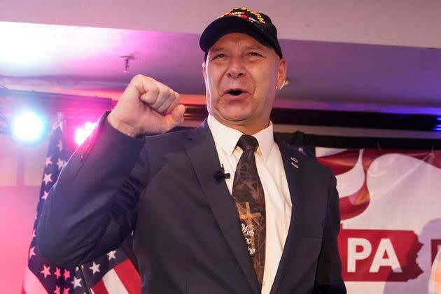 State Sen. Doug Mastriano, the Republican candidate for governor of Pennsylvania, gestures to the crowd during his primary night election party in Chambersburg, Pennsylvania, May 17, 2022. (Photo: Carolyn Kaster via Associated Press)