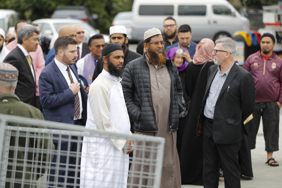 Members of Muslim religious groups leave after a special blessing ceremony near the site of Friday’s shooting outside the Linwood mosque. Source: AP