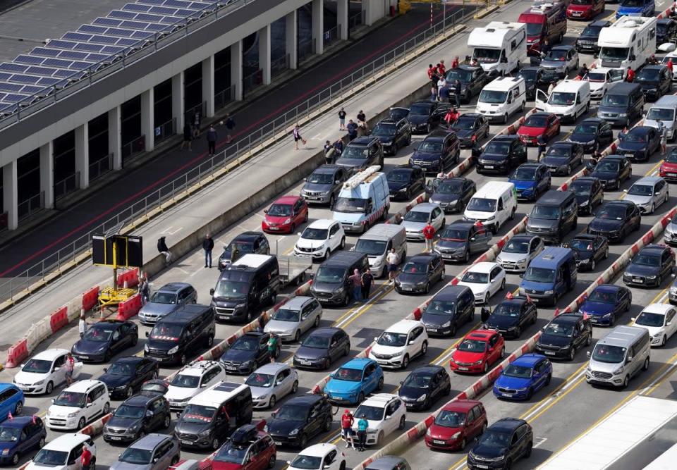 Holiday traffic queues at the Port of Dover in Kent. Picture date: Friday May 27, 2022. (Gareth Fuller/PA) (PA Wire)