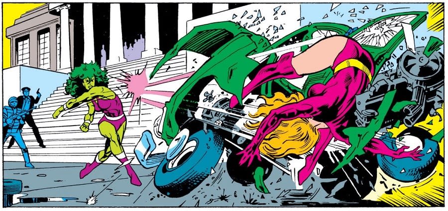 She-Hulk tosses Titania against a car in battle.