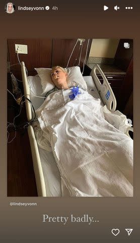 <p>lindsey vonn/ Instagram</p> Lindsey Vonn shows an image in a hospital bed to her Instagram Stories with the caption, "Pretty badly..."