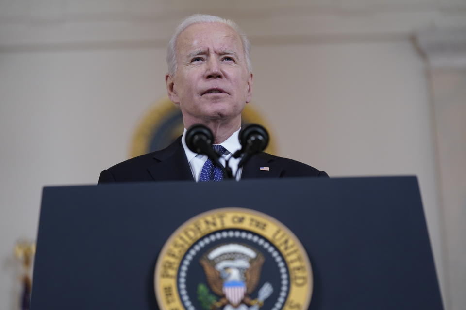 President Joe Biden speaks about a cease-fire between Israel and Hamas, in the Cross Hall of the White House, Thursday, May 20, 2021, in Washington. (AP Photo/Evan Vucci)