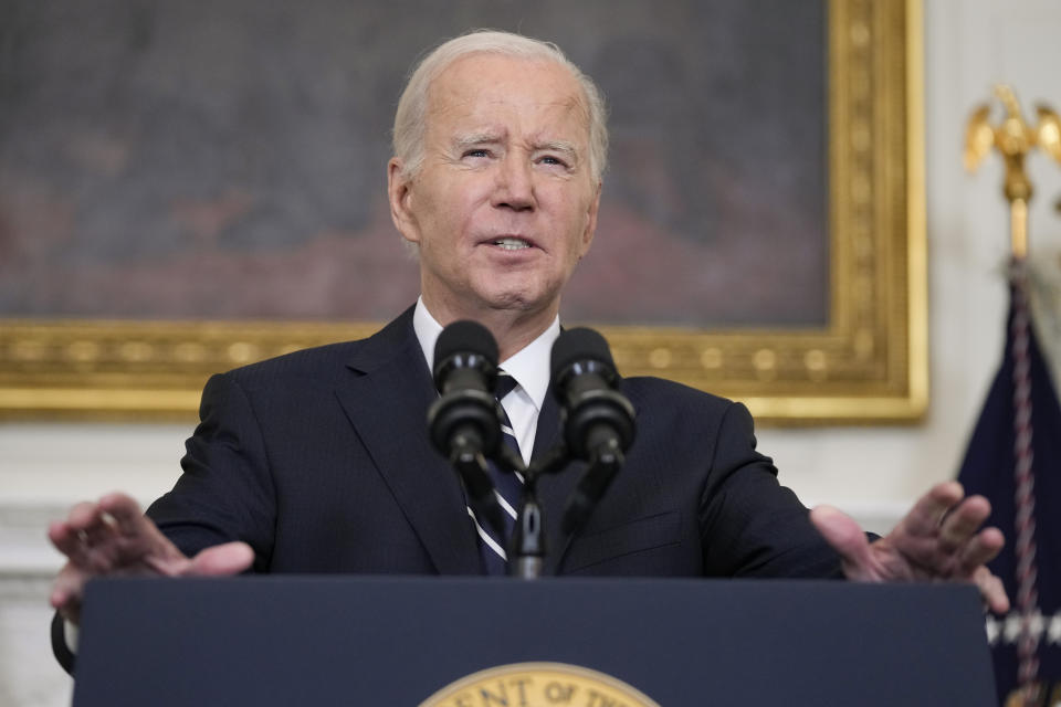 FILE - President Joe Biden speaks in the State Dining Room of the White House, Oct. 7, 2023, in Washington. Ethical concerns are casting a shadow over Biden as he seeks reelection amid ongoing investigations into his son Hunter Biden and a presidential impeachment inquiry. A new poll shows that 35% of U.S. adults believe the president himself has done something illegal. (AP Photo/Manuel Balce Ceneta, File)