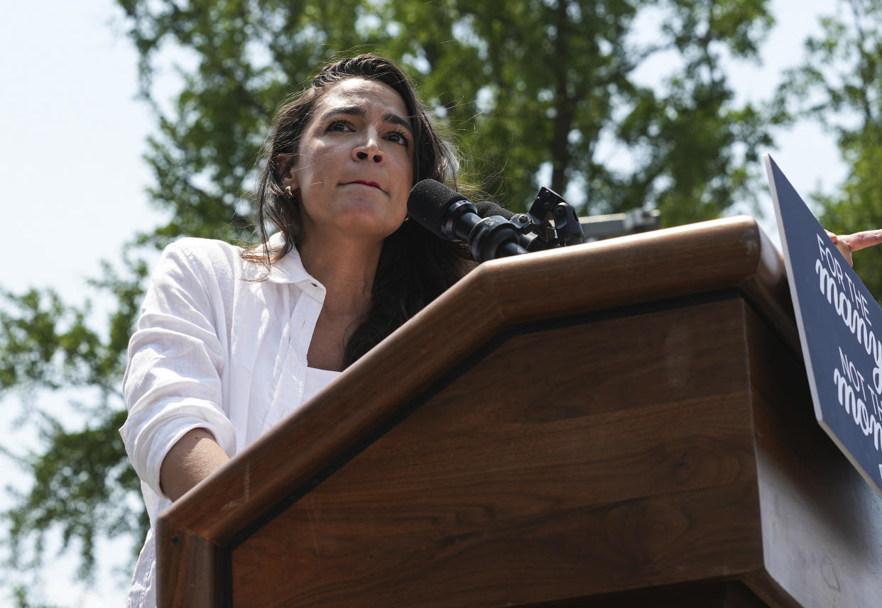 Photo by: Siegfried Nacion/STAR MAX/IPx 2024 6/22/24 U.S. Rep. Alexandria Ocasio-Cortez (D-NY) speaks during a rally for Rep. Jamaal Bowman (D-NY) at St. Mary's Park on June 22, 2024.