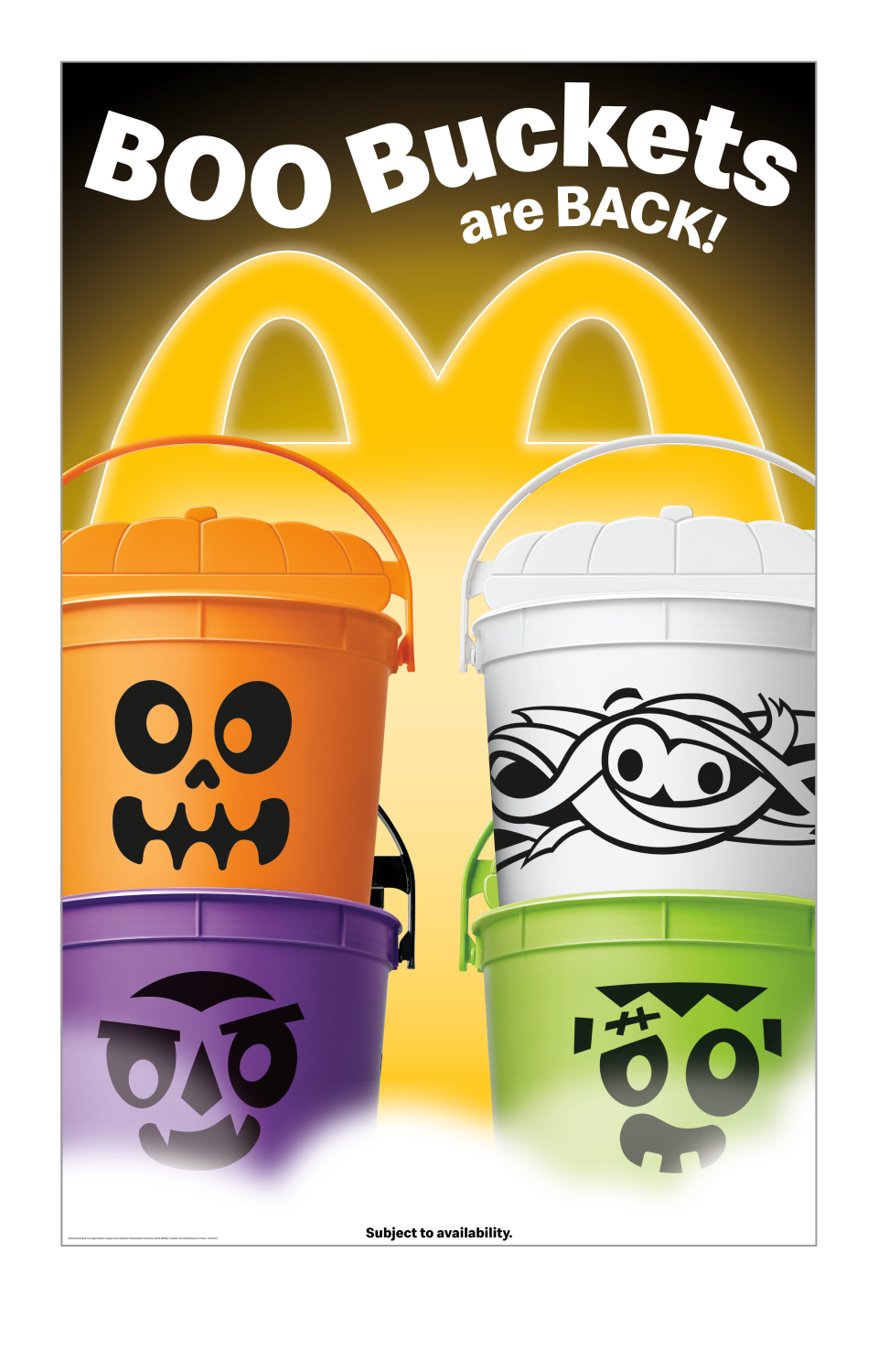 McDonald's will begin offering four "Boo Bucket" Halloween Happy Meals starting Oct. 17 – Monster, Skeleton, Mummy and Vampire.
