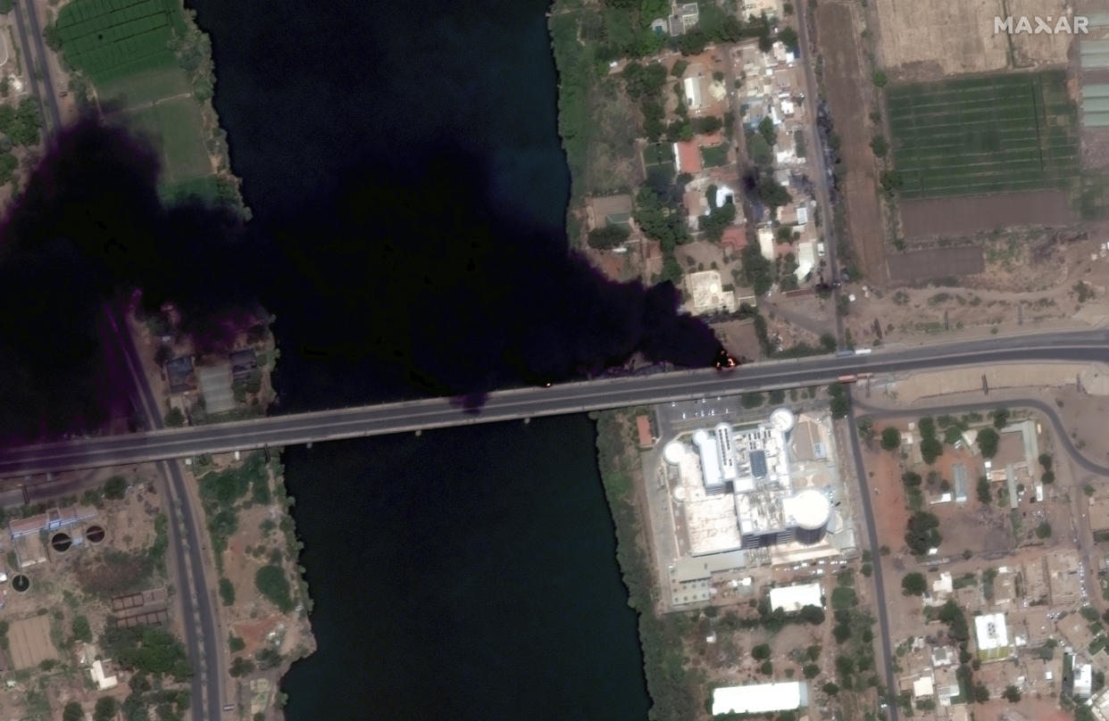 This satellite image provided by Maxar Technologies shows fires burning near a hospital in Khartoum, Sudan, Sunday April 16, 2023. The Sudanese military and a powerful paramilitary group are battling for control of the chaos-stricken nation for a second day. (Satellite image ©2023 Maxar Technologies via AP)