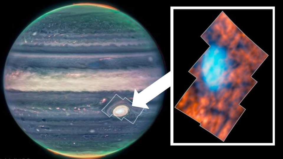 On the left, a blue, marble-like Jupiter shines against a dark background. A boxout on the right zooms in on its Great Red Spot.