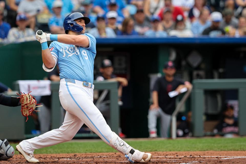 Royals first baseman Vinnie Pasquantino watches his first-inning home run against the Guardians, June 28, 2023, in Kansas City, Missouri.