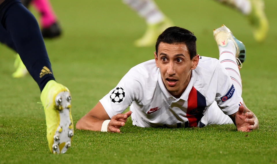 Paris Saint-Germain's Argentine midfielder Angel Di Maria reacts during the UEFA Champions league Group A football match between Paris Saint-Germain and Real Madrid, at the Parc des Princes stadium, in Paris, on September 18, 2019. (Photo by Lucas BARIOULET / AFP)        (Photo credit should read LUCAS BARIOULET/AFP/Getty Images)